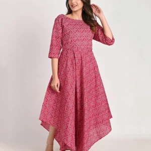 Dusty Red Indo Western Hand Printed Long Cotton Dress