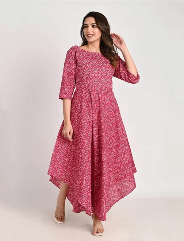 Dusty Red Indo Western Hand Printed Long Cotton Dress