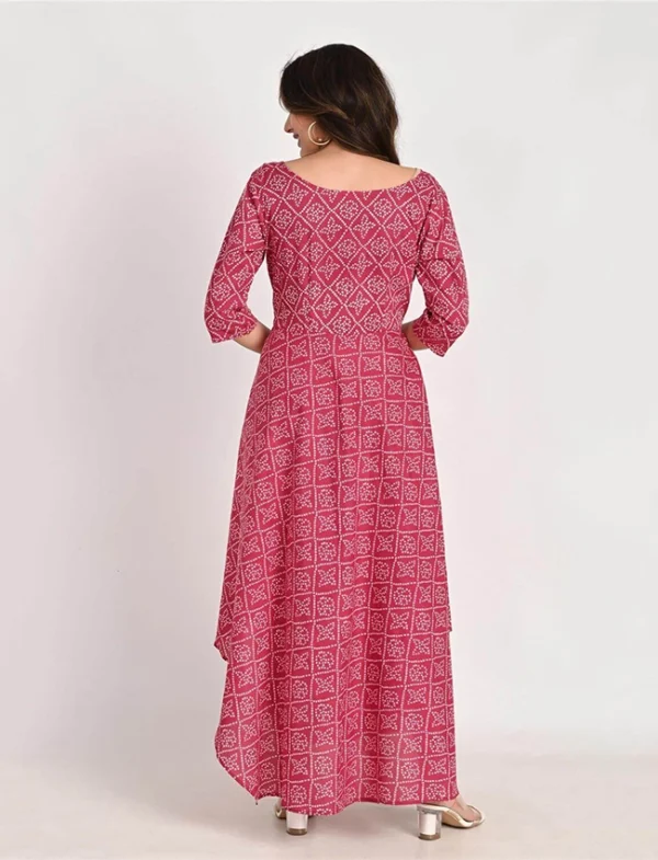 Dusty Red Indo Western Hand Printed Long Cotton Dress - Image 2
