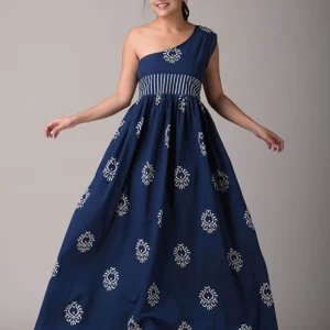 Denim Blue Asymmetrical Hand Block Printed Dress