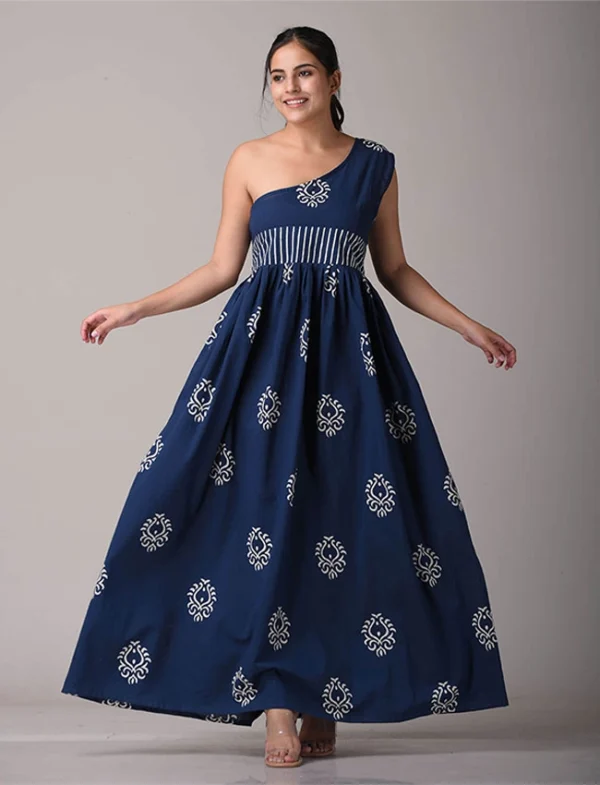 Denim Blue Asymmetrical Hand Block Printed Dress