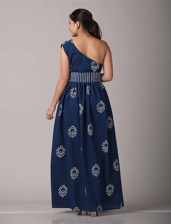 Denim Blue Asymmetrical Hand Block Printed Dress - Image 2