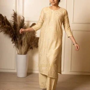 Ruhi Chanderi Chikankari Beige Kurta Set with Embroidered Palazzo