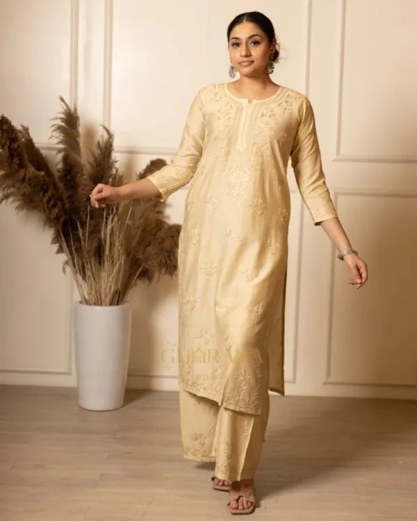Ruhi Chanderi Chikankari Beige Kurta Set with Embroidered Palazzo