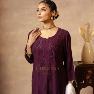 Rayon Chikankari 3 piece set with Mukaish work on Kurta ,Palazzo and Dupatta – Maroon