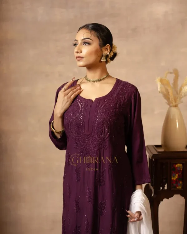 Rayon Chikankari 3 piece set with Mukaish work on Kurta ,Palazzo and Dupatta – Maroon