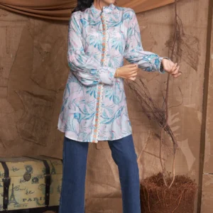 Pink digital print kurti with thread and pearl embroidery in front