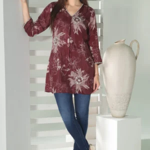 Floral Elegance: Maroon Stripe Kurti with Pearl-Embroidered Flowers