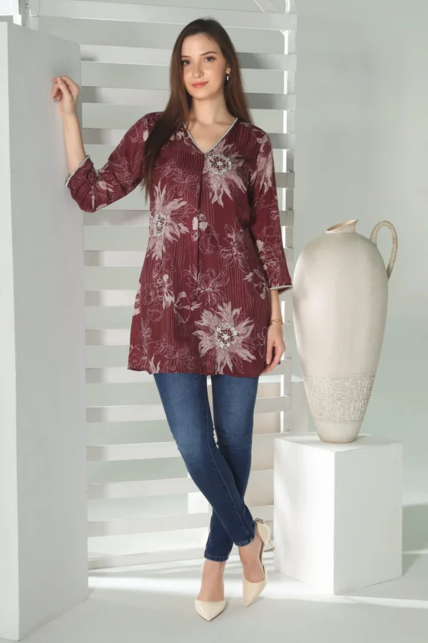 Floral Elegance: Maroon Stripe Kurti with Pearl-Embroidered Flowers