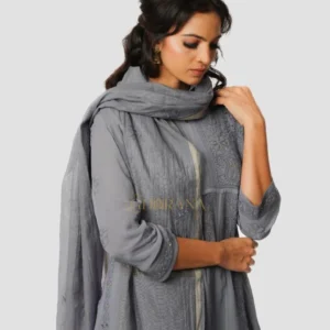 Georgette Chikankari Kurta with Afgani Pant and Dupatta – Grey