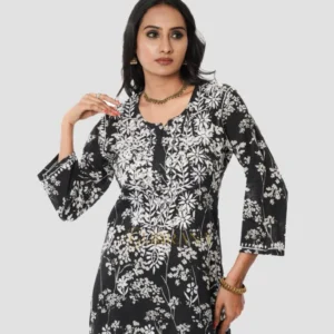 Mulmul Chikankari Printed Co ord Kurta Set – Black