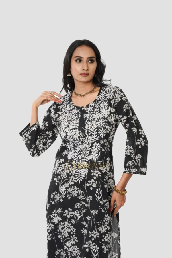 Mulmul Chikankari Printed Co ord Kurta Set – Black