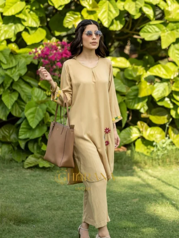 Sahiba Luxury Rayon Beige Chikankari Coord Set